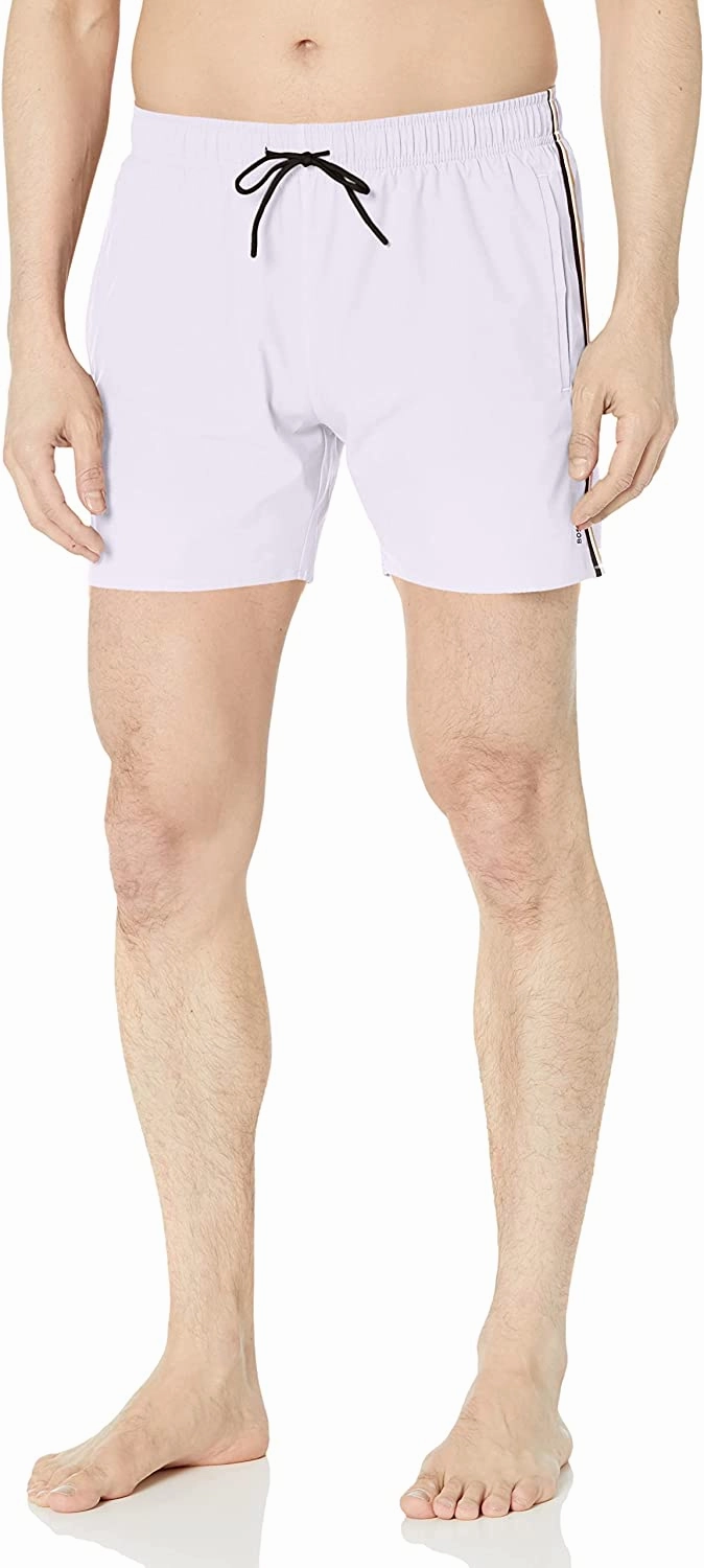 BOSS Men's Standard Solid Swim Trunk with Iconic Side Stripe, Salt