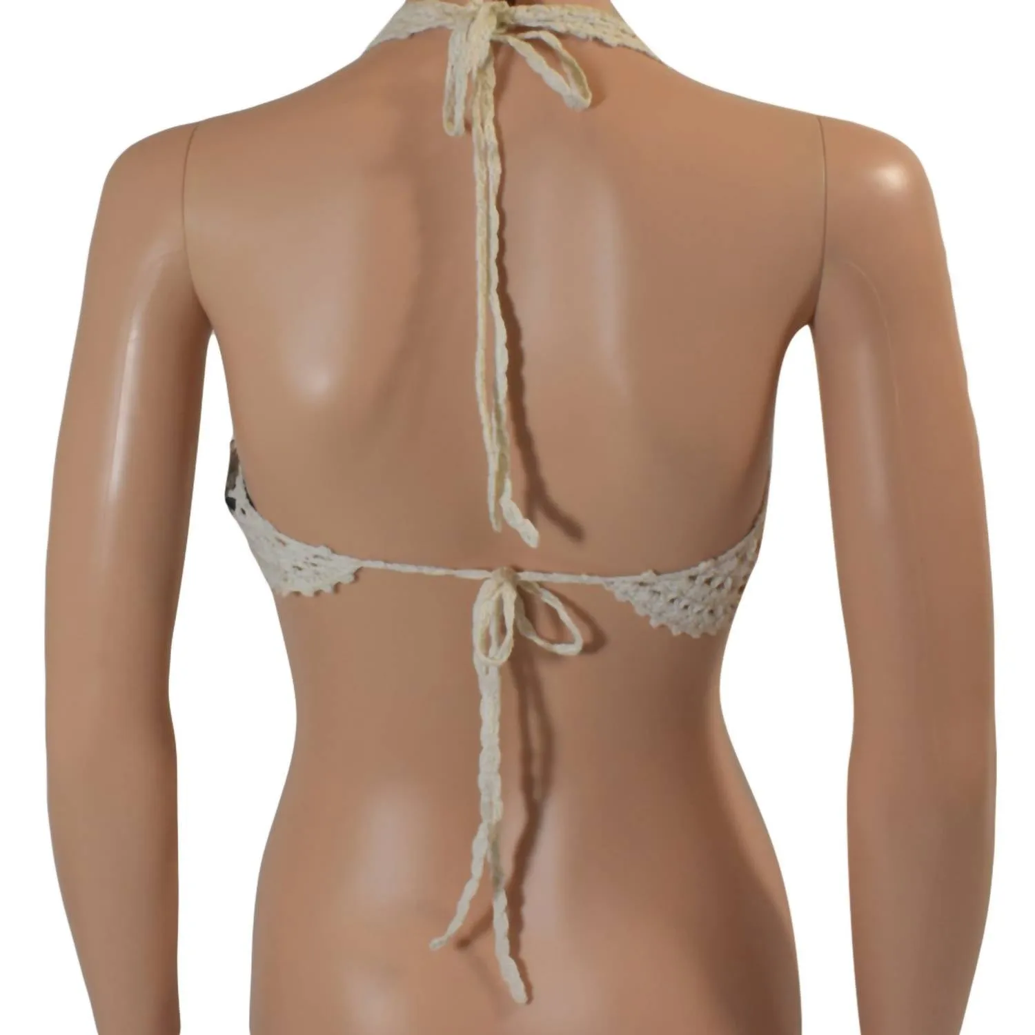 Dreamweaver Halter Tie Strap Crochet Bikini Top In Ivory