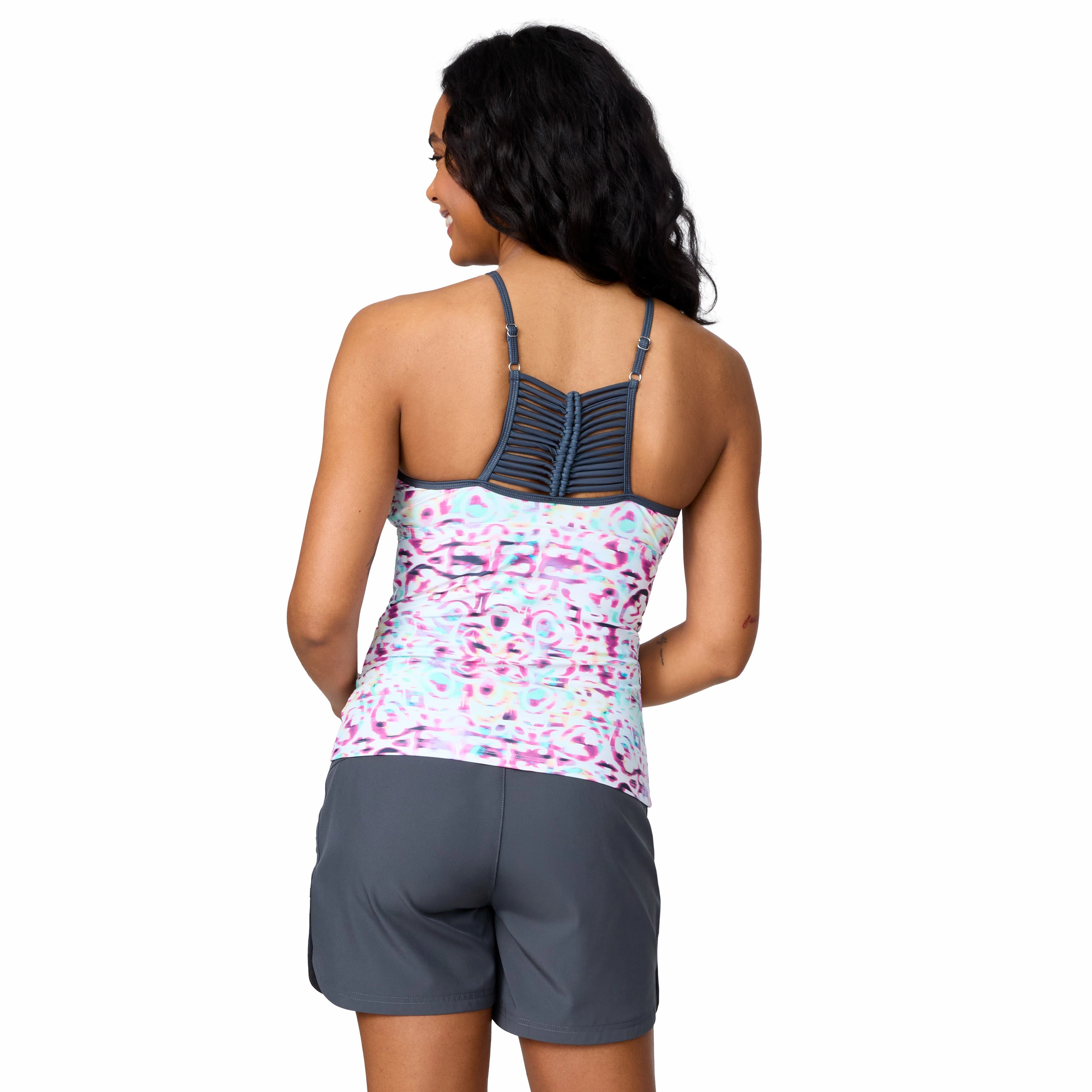 Free Country Women's High Neck Macrame Back Tankini Top