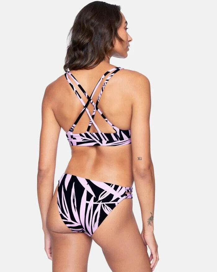 Hurley Max Mystic Leaves Moderate Bikini Bottom Womens Small Black Purple ERK600