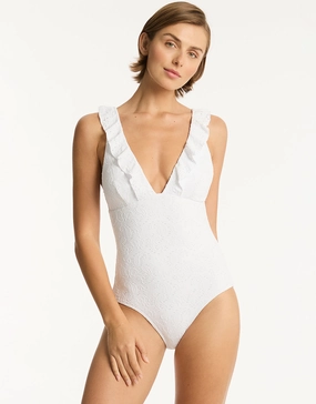 Interlace Frill Swimsuit - White