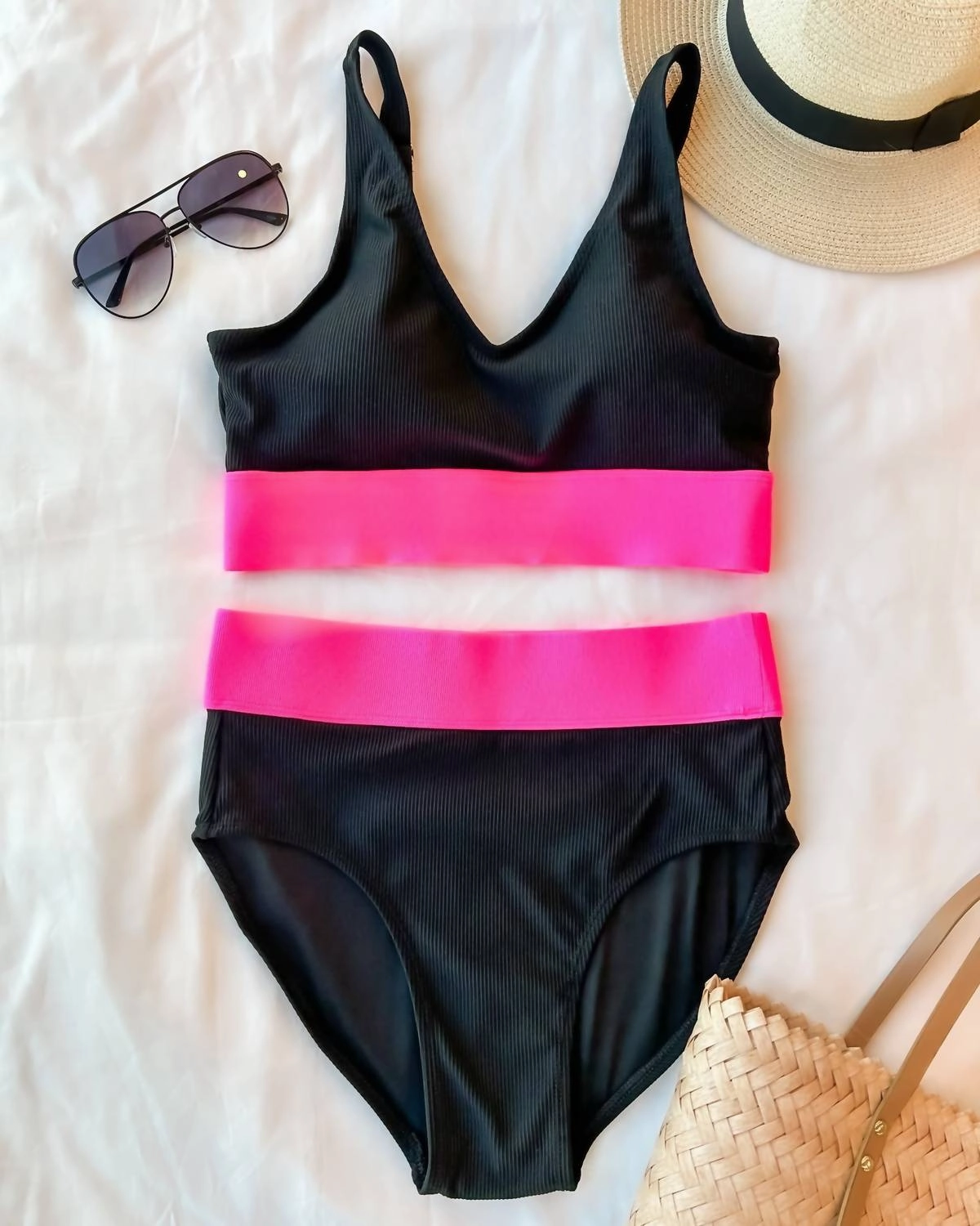 Kissed By The Sun Bikini Swim Top In Black & Neon Pink