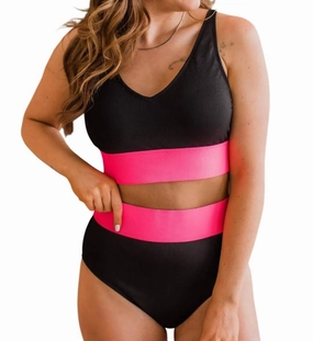 Kissed By The Sun Bikini Swim Top In Black & Neon Pink