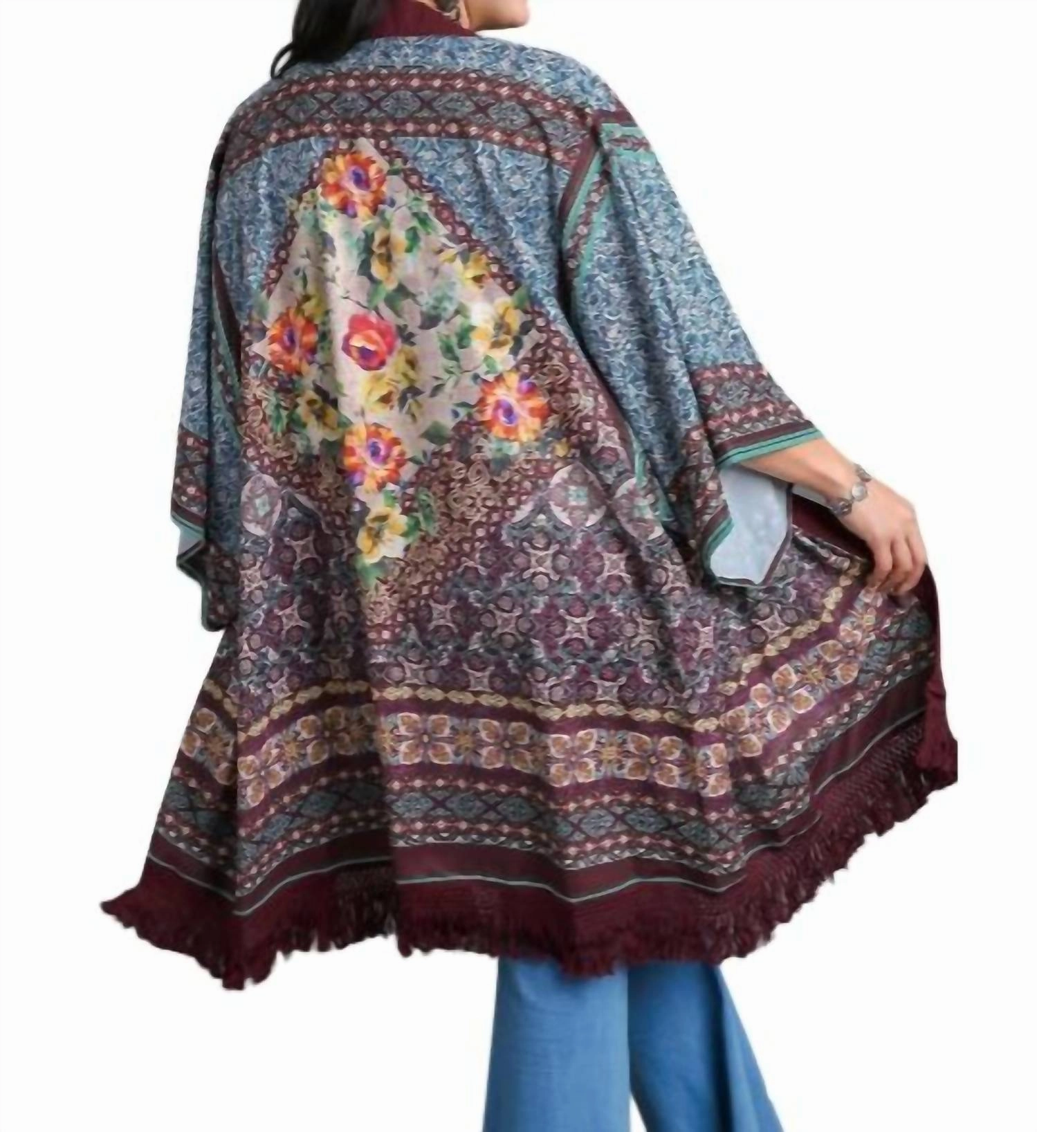 Open Front Print Kimono In Maroon Mix Plus