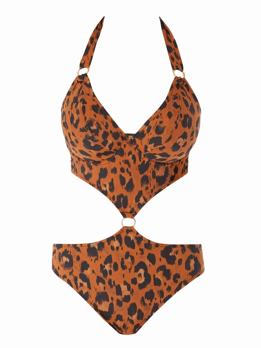 Roar Instinct Cut Out Halter Swimsuit - Leopard
