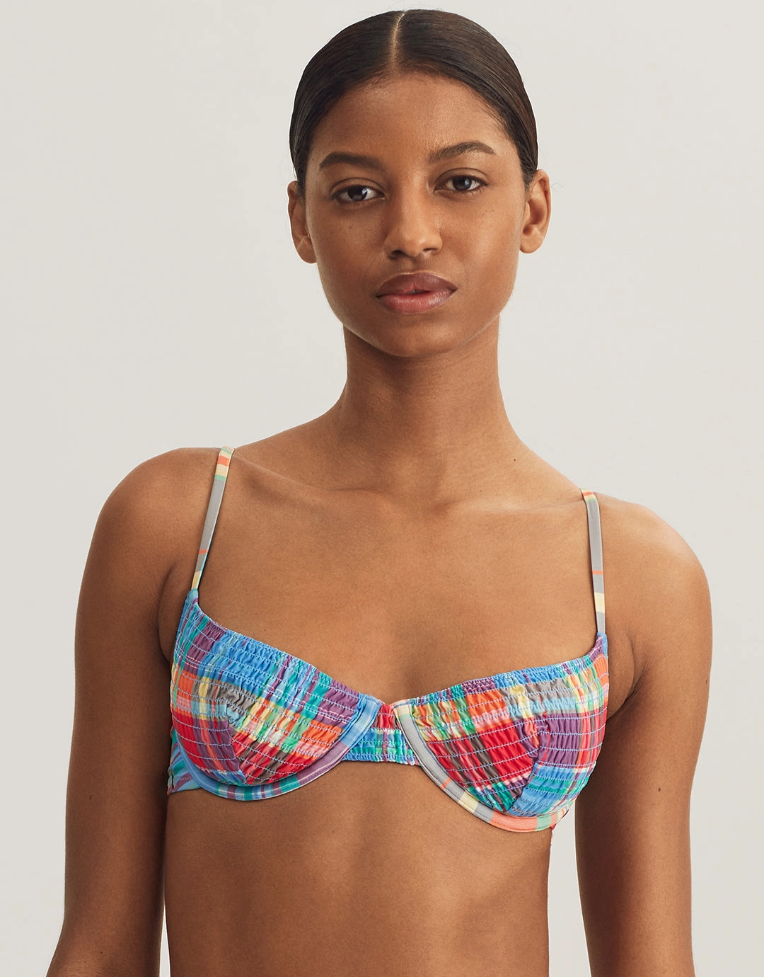 Smocked Madras Underwired Balconette Bikini Top - Multi