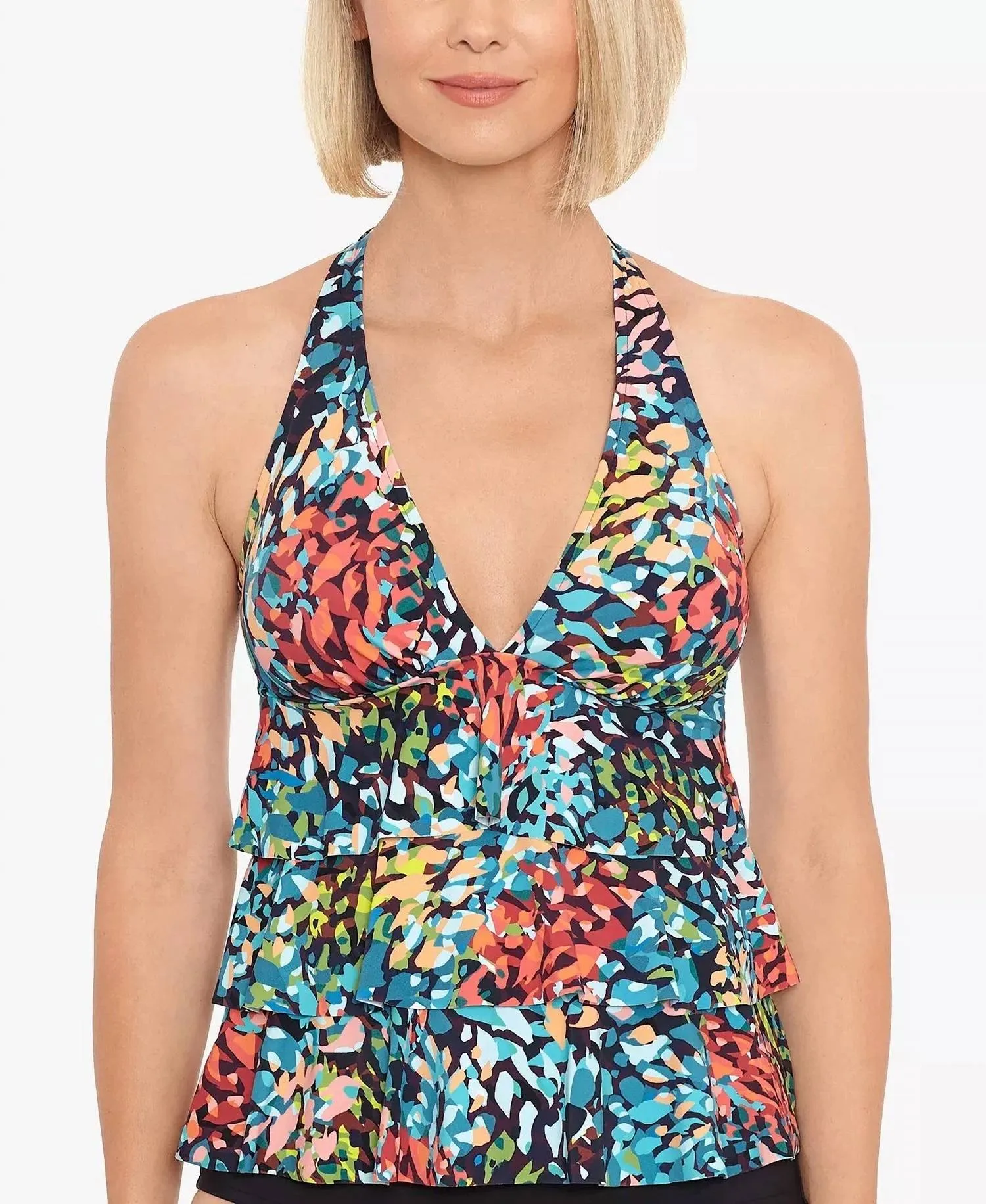 Triple Tier Tankini Top In Black/multi