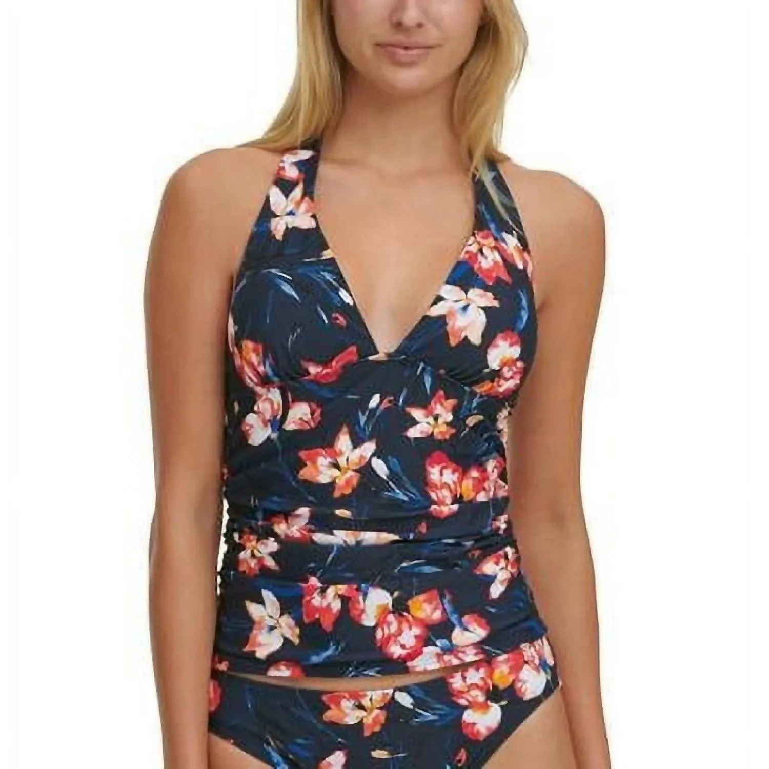 Water Iris Floral Print Tankini Swim Top In Navy