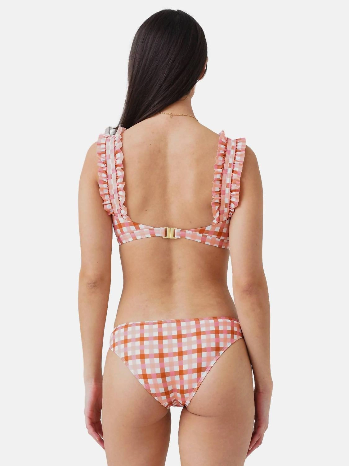 Women's Gingham Ruffle Bikini Top In Terracotta Peach Gingham