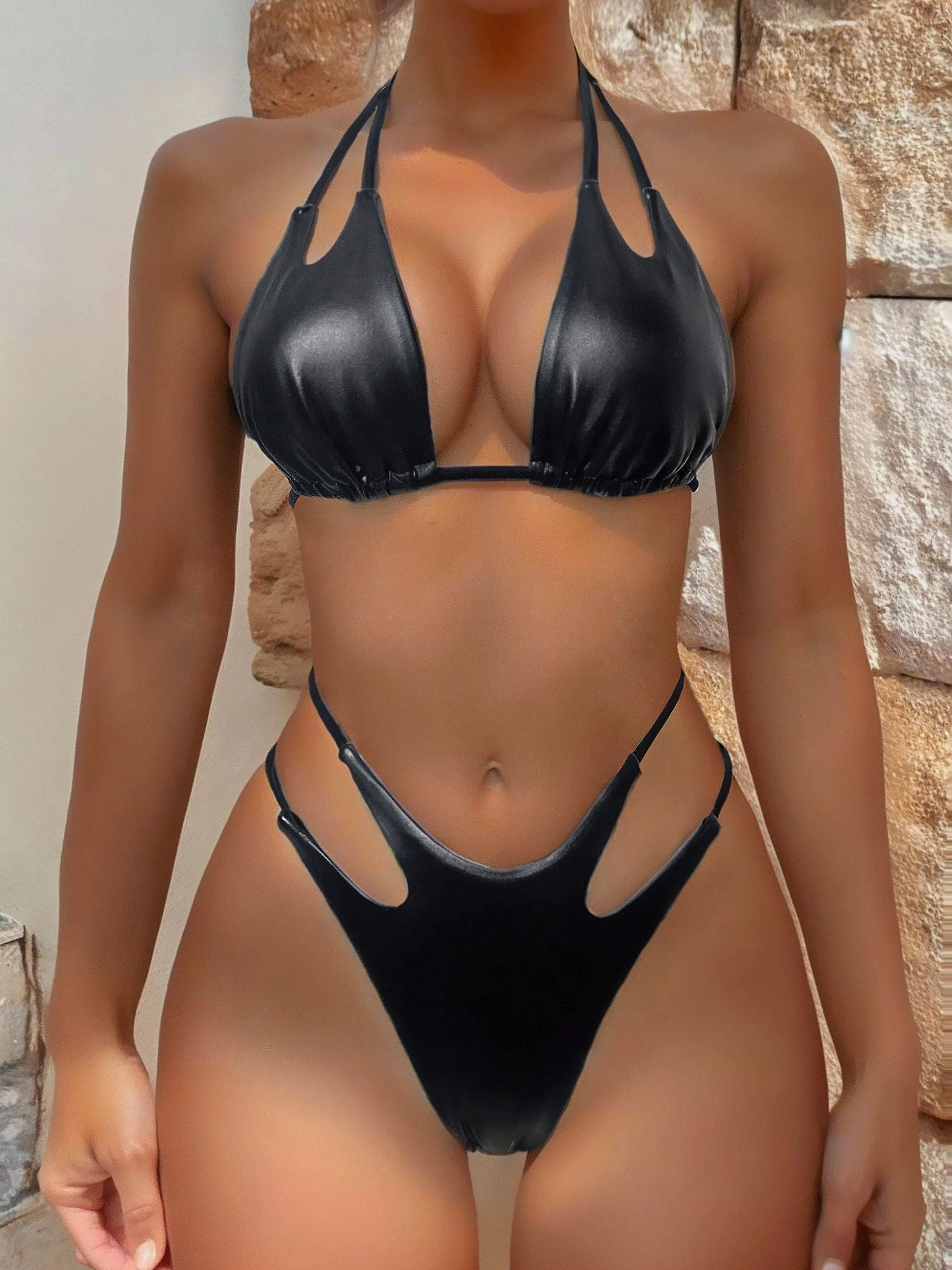 ZASUWA Female Sexy Solid Color Hollow Out Backless Bikini Set