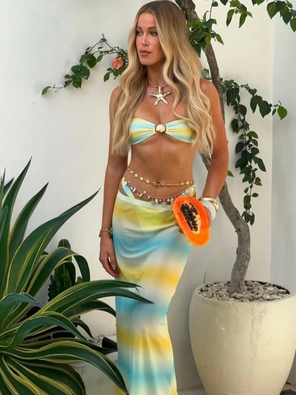 ZASUWA Female Unique Hot Tie-dye Shell Mesh 3-Pieces Bikini Set